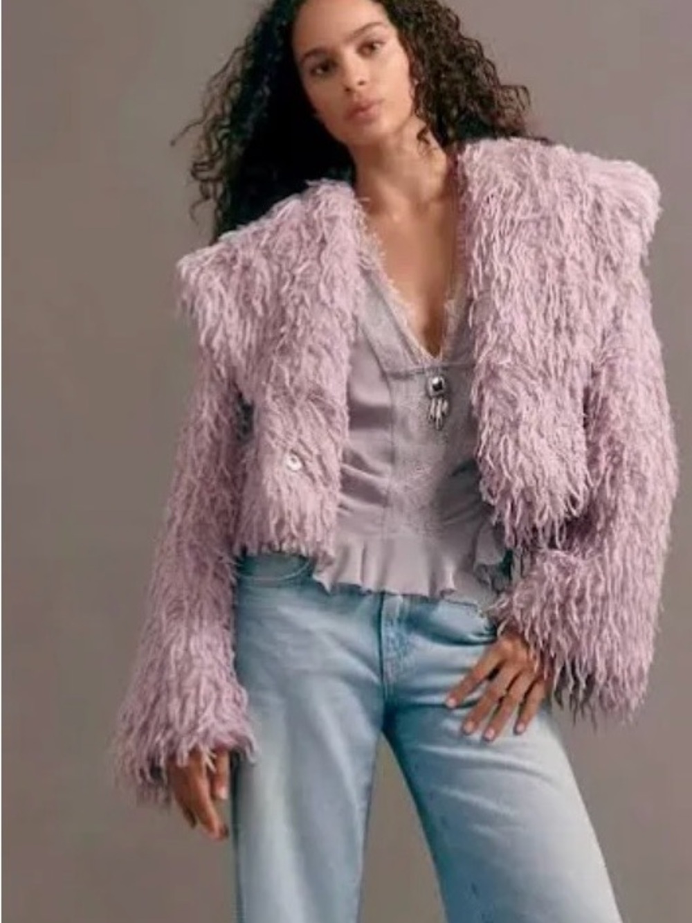 NWT Anthropologie Faux-Feather
Fuzzy Crop Jacket Lilac M